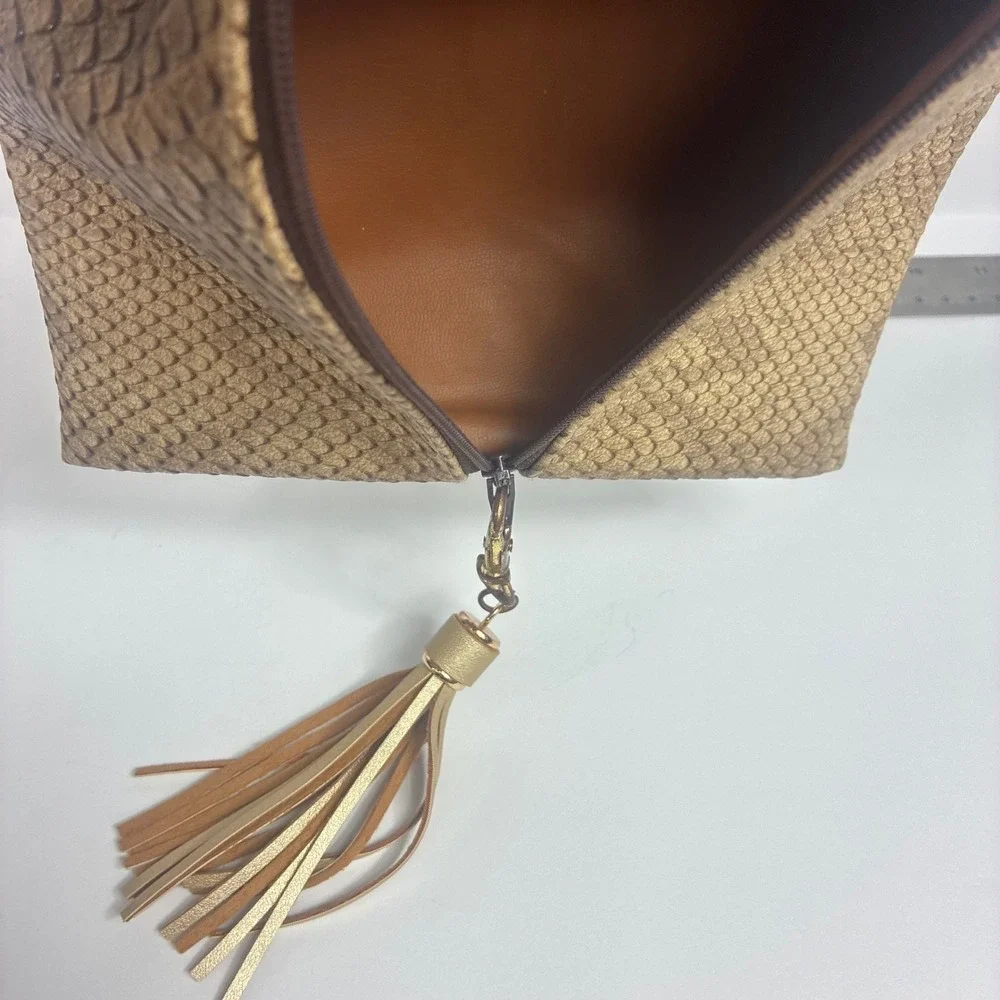 Makeup Junkie Bag Cosmetic Pouch Gold Snakeskin Tassel Zipper Clutch Glam